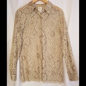 Elegant Dana B and Karen Lace Button-Up Long Sleeve Blouse in Tan. Size 14